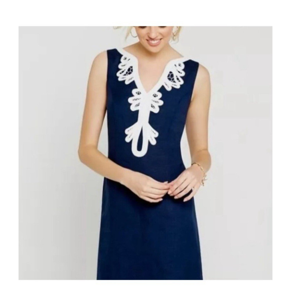 Eliza J Dress Womens 12 Sleeveless Sheath Navy Blue Coastal Linen Rayon Mini